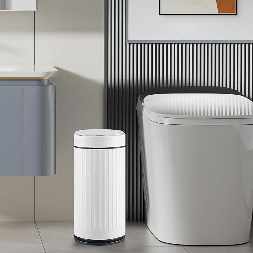 SYNCVIBE Bathroom Sensor Trash Can with Lid, 2 Gallon, White Black | Automatic Garbage Can, 7.5 Liter Smart Trash Bin, Waterproof Plastic Wastebasket for Office and Bedroom