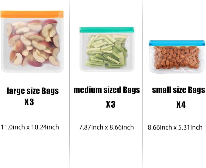 10 Pack Reusable Snack Bags, BPA Free PEVA, Small Snack Size (Multicolor(3 Gallon + 3 Sandwich + 4 Snack))
