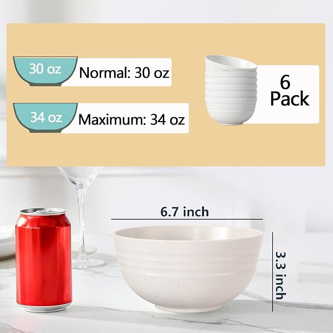 Homestockplus [Non Ceramic] 34 Oz Big Bowls， Soup Bowls BPA-Free Dishwasher & Microwave Safe Bowl Sets for Cereal, Salad, Soup, Ramen,Noodle,Oatmeal,Snack Apply to Kitchen, Freezer【Set of 6】