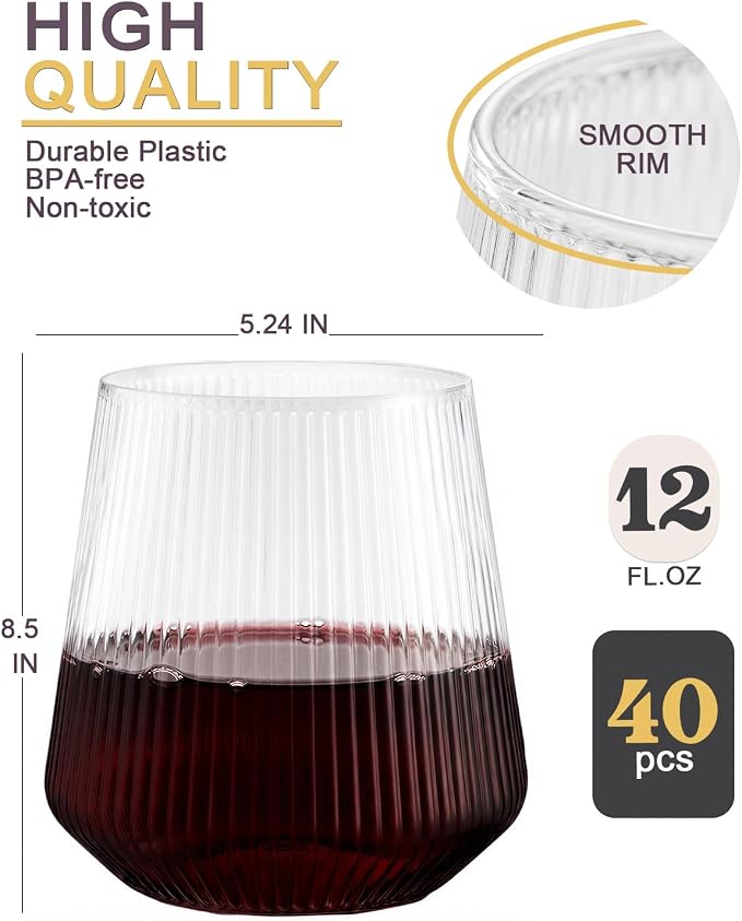 40 Pack Plastic Wine Glasses, 12 Oz Disposable Cocktail Whiskey Glasses | Ribbed Stemless Champagne Margarita Glasses, Clear Unbreakable Reusable Plastic Cups for Party Wedding Birthday