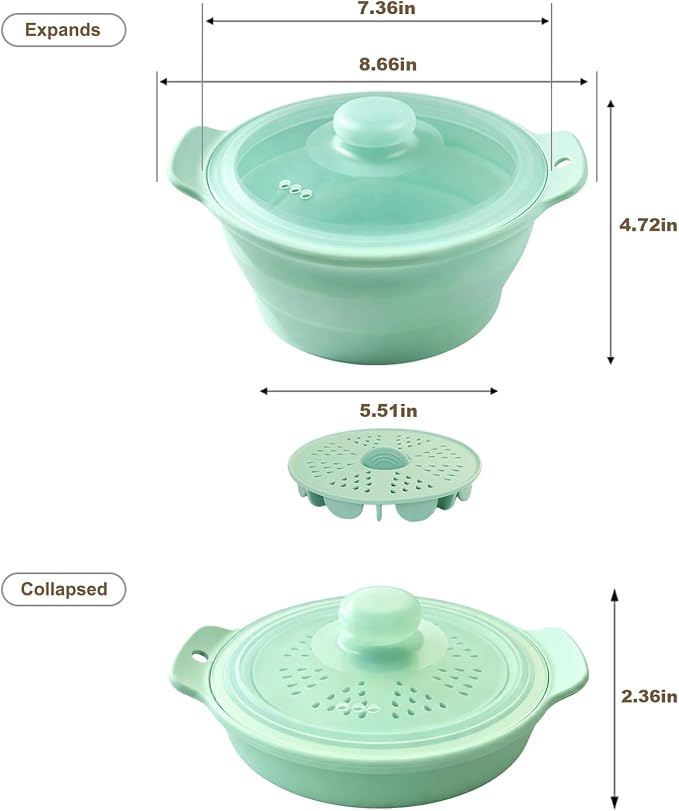 42oz Silicone Microwave Food Steamer with Steam Basket, Collapsible Steamer for Cooking Vegetable, Seafood, Dumplings, Rice Cooker, BPA Free Small Steam Pot with Handle & Lid, Dishwasher Safe (Green)