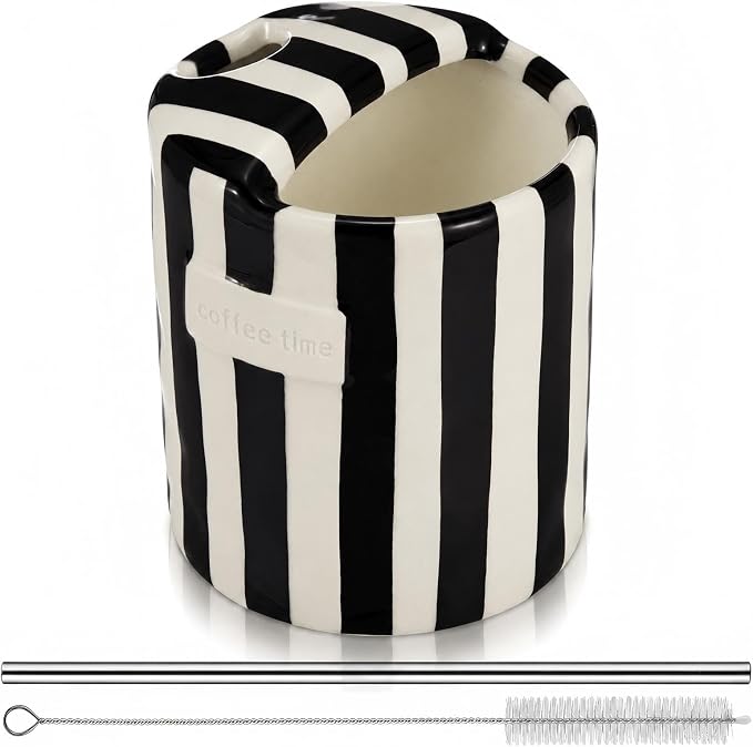 1 Pack Ceramic Mug with Sip Hole, Simple, Black | 10oz Ceramic Coffee Cup with Straws, Retro Hand Painted Striped, for Iced Coffee Tea Latte Espresso, Kitchen Dining Travel