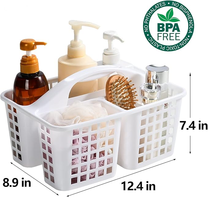 Portable Shower Caddy Basket Plastic Storage Basket with Compartments White | Sturdy Large Capacity Cleaning Supplies Organizer Divided Tool Bin for Bathroom Kitchen Bedroom College Dorm Essentials