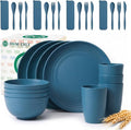 Unbreakable Wheat Straw Dinnerware Sets 28 PCS Kids Plates and Bowls Sets for Kitchen, RV, Party, Travel, Dorm, Camping Dish Set for 4 Lightweight Microwave & Dishwasher Safe(Deep Blue)