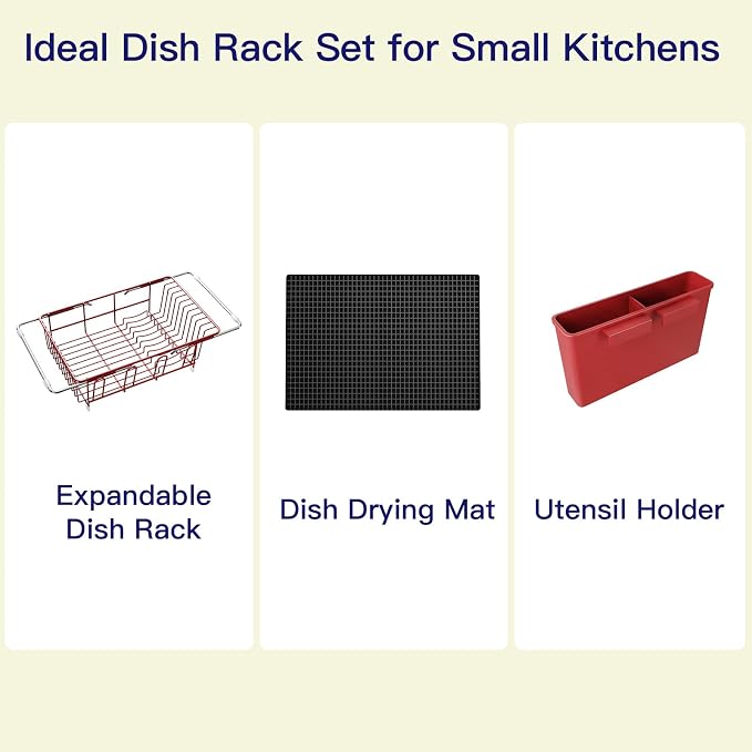Red Dish Drying Rack Over The Sink with Utensil Holder, Mat | Expandable Stainless Steel Dish Drainer for Small Kitchen, Apartment, RV, Counter Space Saving, Perfect Fit, Rustproof
