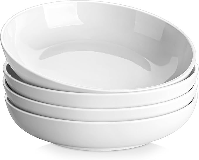 MALACASA 10" Large Pasta Bowls Set of 4, 56 OZ Wide and Shallow Salad Bowls Soup Bowls, Porcelain White Serving Bowls, Kitchen Bowl Plates Pasta Plates, Microwave & Dishwasher Safe, Series REGULAR