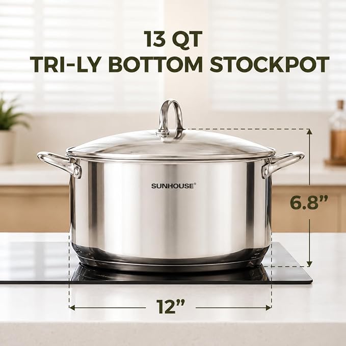 SUNHOUSE 13 Quart Stock Pot with Lid, Stainless Steel Large Pot for Cooking | 13QT Big Pots for Pasta, Soup - Stockpot for Canning, Seafood Boil with Impact Bonded Base - Oven Safe & Induction Compatible