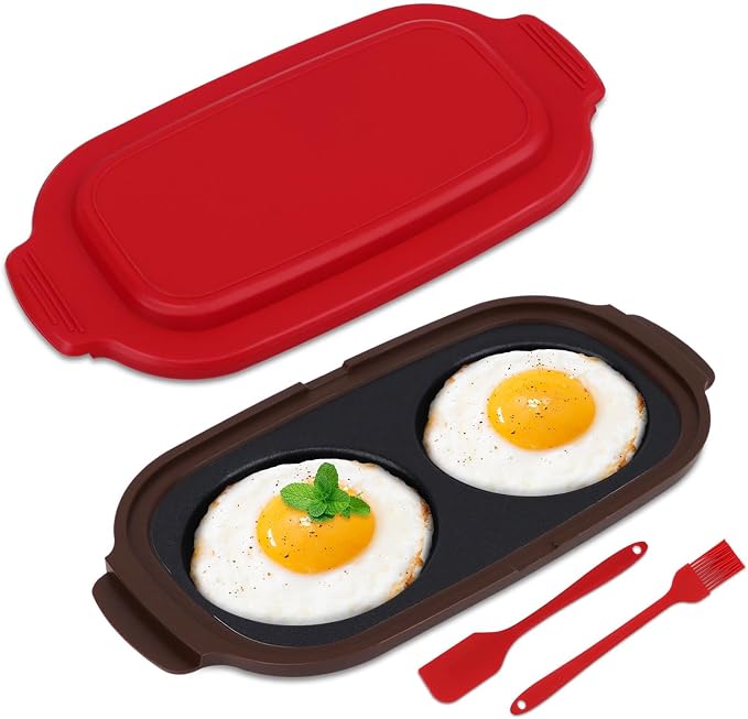 Microwave Egg Cooker & Poacher, Quick-Heat Dual Cavity Non-Stick Egg Maker for Breakfast Sandwich, Muffins and Omelets, Includes Spatula & Oil Brush for Home, Office, RV Travel