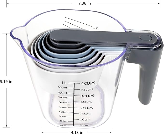 19-Pc Magnetic Measuring Cups and Spoons Set, with Lid, Black | Includes 1 cover, 9 stackable cups set & 9 magnetic spoons, BPA-free & dishwasher safe, for liquid and dry baking gadgets