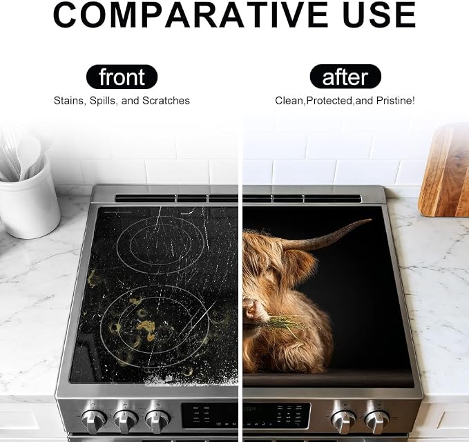 Highland Cow Stove Top Cover, Farmhouse Kitchen, 28x20 in | Photorealistic highland cow close-up on black; non-slip washable mat; protects glass and electric cooktops; 28.4 x 20.5 in