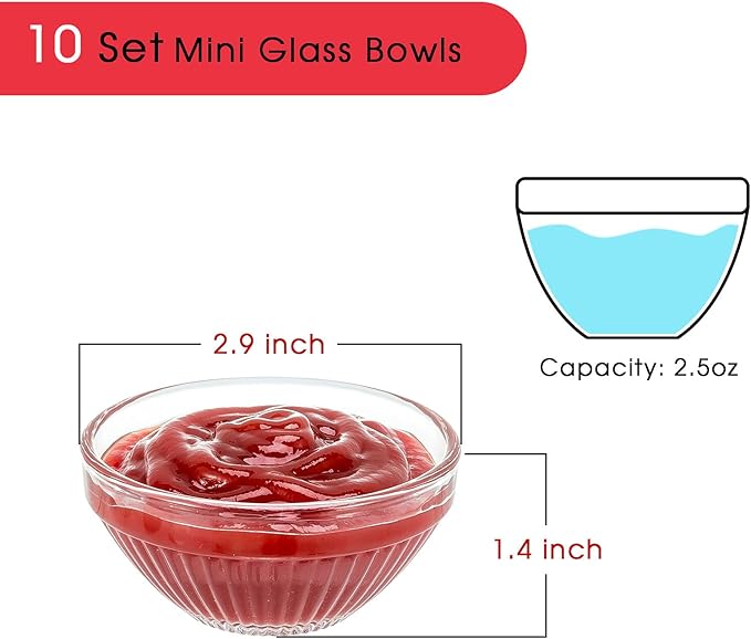 10 Set Mini Glass Prep Bowls, 2.5oz Ribbed Small Bowls Stackable Ingredient Dishes Clear Ramekins Pinch Bowl for Measuring Spices Dipping Sauces