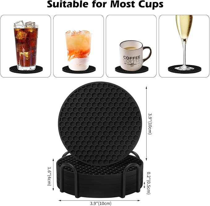 TWTLi Silicone Coasters Set of 6 with Holder — Non-Slip Drink Coasters for Coffee Table, Home Bar & Kitchen, Protects Wood & Marble Surfaces from Water Rings, Dishwasher Safe (Black)