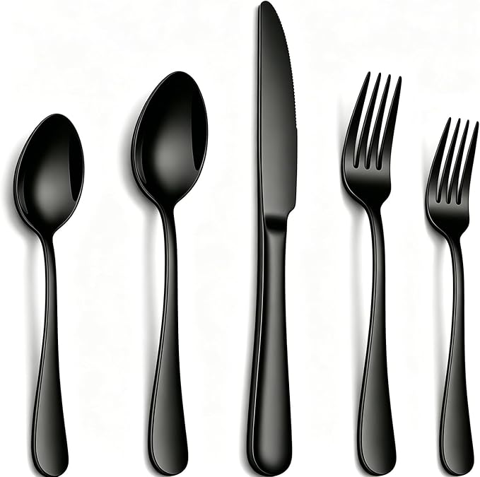 20 Pcs Black Silverware Set, Stainless Steel Flatware Set for 4 Food Grade Cutlery Utensil Set Include Knife Fork Spoon Mirror Polished Dishwasher Safe