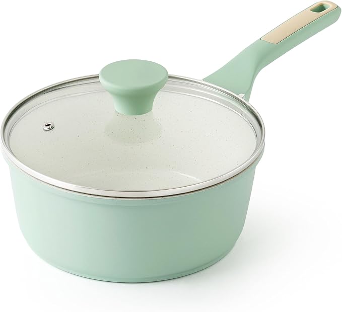 SENSARTE Ceramic Nonstick Saucepan with Lid 2.0QT, PTFE/PFAS Free, Green | Kitchen Cooking Pot with Stay Cool Handle, Induction Compatible, Ceramic Coating