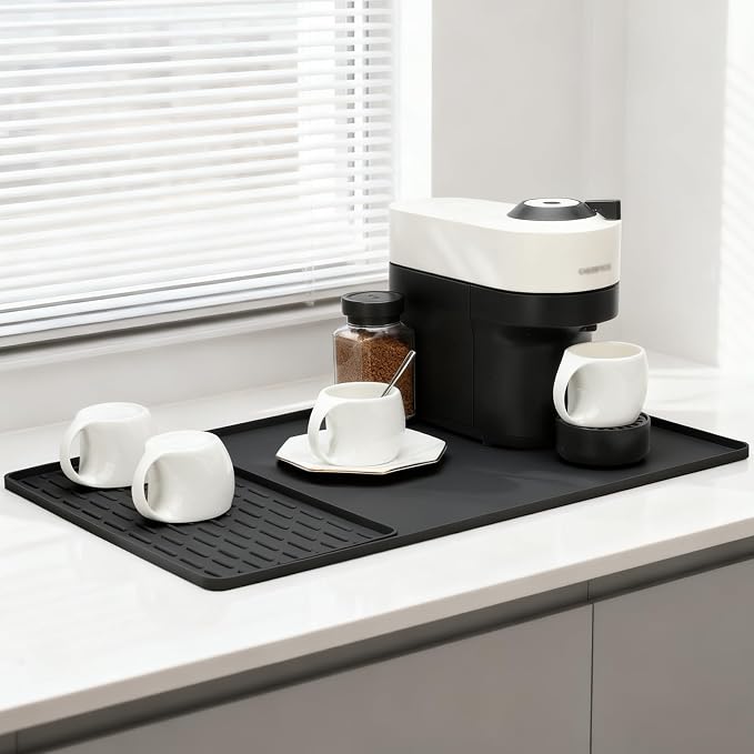 Silicone Coffee Mat 24 x 16 in Combination, Classic Gray | Coffee bar mat for countertop use, coffee station mat or coffee machine mat with removable tray