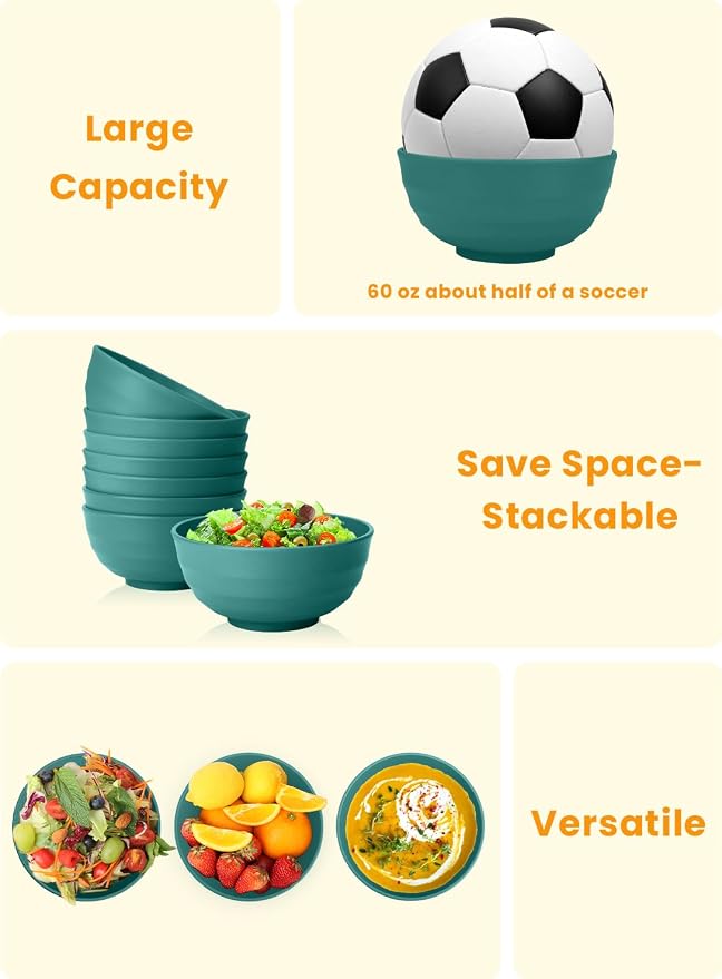 Large Bowls for Eating: Set of 8 Unbreakable 60oz Wheat Straw Bowls, Non-Plastic & Microwave Safe for Everyday Salad, Soup & Oatmeal (Green)