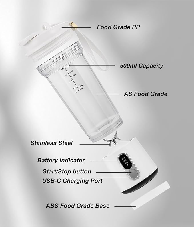 Portable Blender 17 oz (500ml) for Shakes & Smoothies, USB-C Rechargeable 4000mAh, 6 Stainless Steel Blades, Cordless Personal Travel Blender for Gym, Kitchen, Outdoor