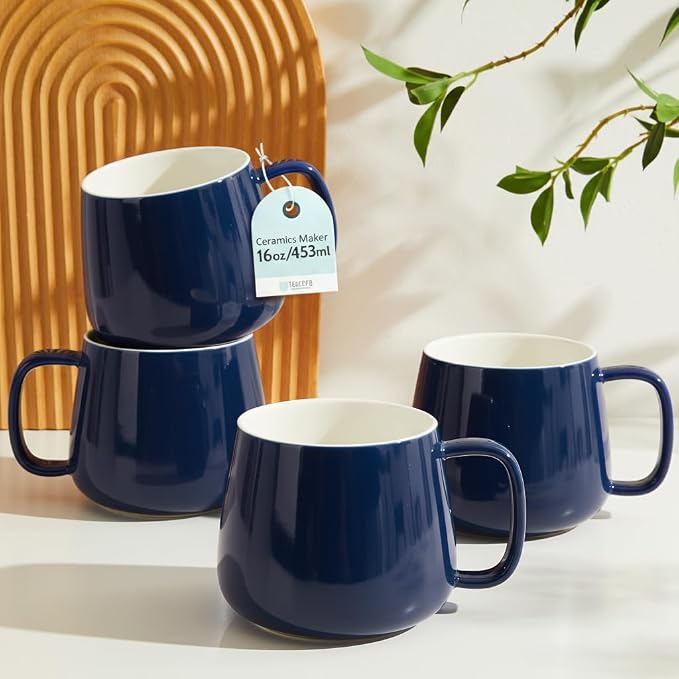 Teocera 16oz Ceramic Coffee Mugs Set of 4 – Stackable Latte Cups, Microwave, Dishwasher & Oven Safe – Ideal for Coffee, Cappuccino, Hot Chocolate, Housewarming Gifts, Dark Blue