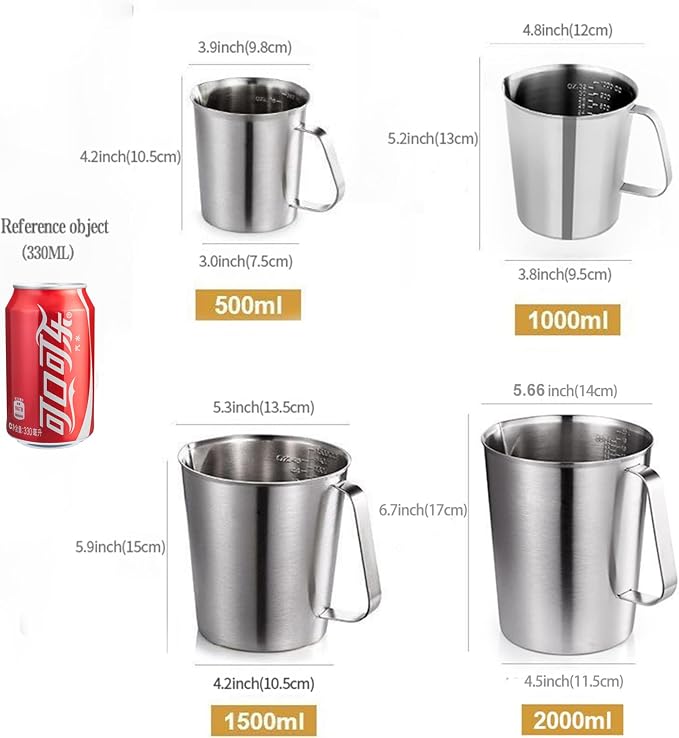48Oz/6Cup Stainless Steel Pitcher (SUS304), 1.50 Liter Metal Container for Water, Milk, Liquid with Handle with Engraved Markings, Silver | SUS304 Metal Measuring Cup with Precision Engraved Markings, Mixing Pitcher for Baking, Frothing, Coffee, Milk a...
