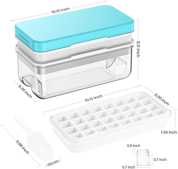1" Ice Cube Tray with Lid and Bin, Easy Release 64 Cubes for Freezer | Food-grade BPA-free PP and ABS. 1" x 64pcs ice cubes for fruit whiskey, cocktails. Space-saving, stackable with scoop