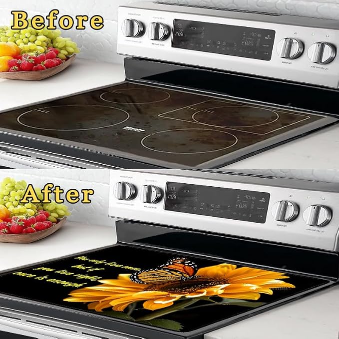 Sunflower Butterfly Glass Stove Top Cover Protector Retro Floral Plant Glass Cooktop Protector,Inspirational Quotes Cooktop Mat Electric Stove Cover Vintage Kitchen Decor