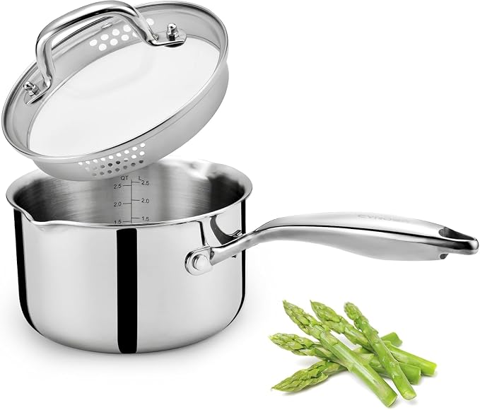 Cyrosa 3.5 Quart Saucepan with Lid, Stainless Steel Sauce Pot with Strainer Lid, Two Side Spouts for Easy Pour with Ergonomic Handle, Dishwasher Safe