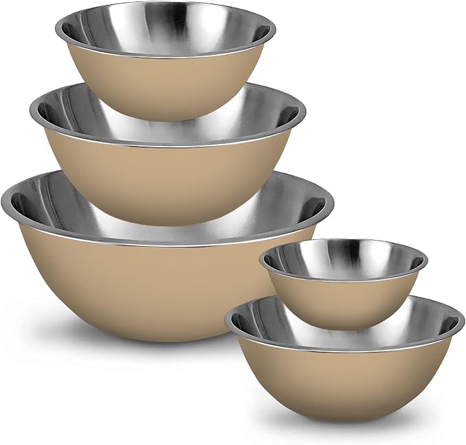 WHYSKO Stainless Steel Mixing Bowls Set, 5-Piece Meal Prep & Food Storage | .75, 1.5, 3, 4 & 5 Quart Metal Mixing Bowls Set for Prep, Serving, Baking & Food Storage, Ecofriendly, Dishwasher Safe, Khaki