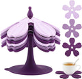 Silicone Trivets for Hot Dishes - Expandable/Collapsible Design Tree Trivets Set for Hot Pans/Dishes/Plates/Pots/Teapots/Bowl/Warming Trays,Hot Pads for Table,6 Trivets+1 Stand (Purple)