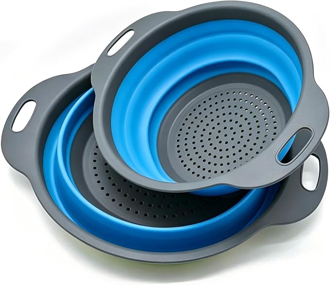 2 Pack Collapsible Silicone Colander with Handle, Over Sink Foldable Food Strainer, BPA-Free Space Saving Drain Basket for Vegetables, Fruits, Pasta, Kitchen & Camping (Blue)