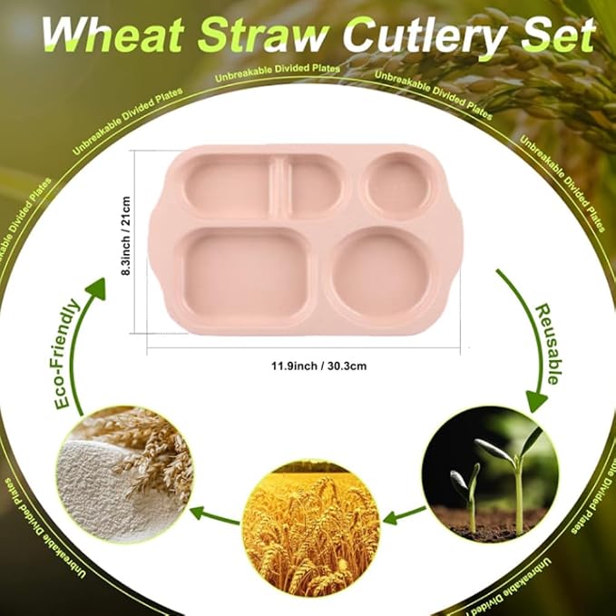 PUPOPIK 12 Inch Divided Plates4 PCS - Reusable Unbreakable Wheat Straw Plates, Dinnerware Lunch Tray Plates Tableware for Kitchen, Picky Eaters, Campers and Portion Control (Blush)