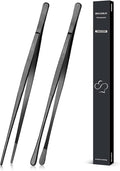 2 Pcs 12-inch Cooking Tweezers Tongs Precision Serrated Tips, Stainless Steel Professional Chef Tweezer Kitchen Tools for BBQ, Plating and Serving (Black)