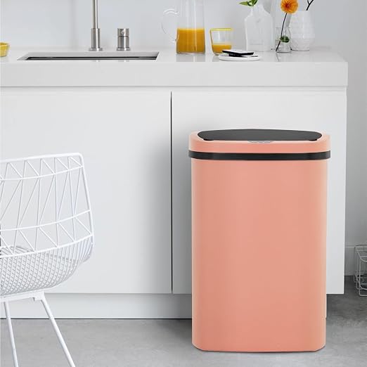 BestOffice | 13 Gallon Plastic Trash Can with Lid | Pink | Automatic Touchless Garbage Can | Odor Control | Modern Oval Design | Easy to Clean | For Kitchen, Bathroom, Office or Home