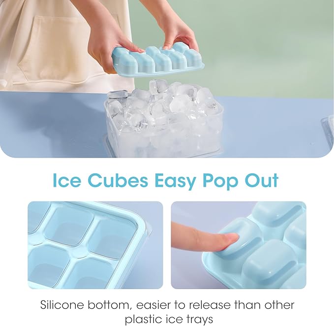 DOQAUS Ice Cube Tray with Lid and Bin,4 Pack Ice Cube Trays for Freezer | Silicone, Stackable. Easy Release Trays with Storage Bin & Scoop. Ideal for Freezer, Kitchen, RV, Cocktail, Coffee.