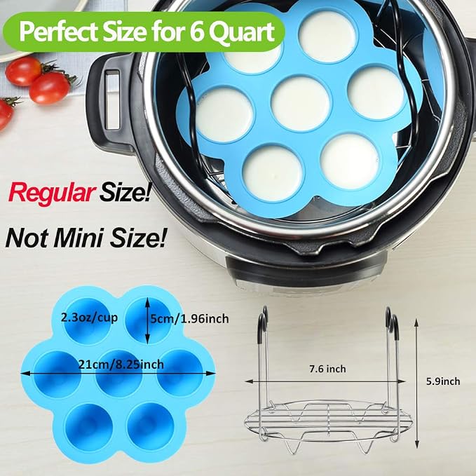 Silicone Egg Bites Molds for Instant Pot Accessories 6 Qt 8 Qt, Including Steamer Rack Trivet with Heat Resistant Handles, 5-Piece Measuring Spoons as Bonus, Sous Vide Egg Poacher