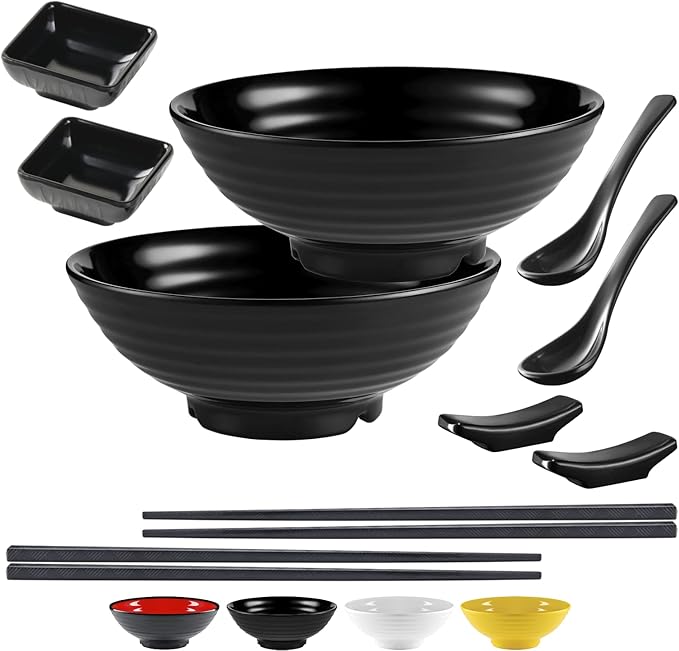 Unbreakable Ramen Bowl Set with Chopsticks and Spoon: 2 large Japanese Style Melamine Ramen Bowls, Dipping Bowls and Chopstick Stands for Asian Pho Soup Thai Miso Udon Wonton (2 Bowl Set, Black)