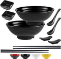 Unbreakable Ramen Bowl Set with Chopsticks and Spoon: 2 large Japanese Style Melamine Ramen Bowls, Dipping Bowls and Chopstick Stands for Asian Pho Soup Thai Miso Udon Wonton (2 Bowl Set, Black)