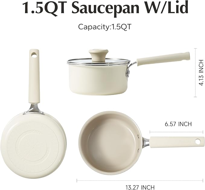 Redchef Ceramic Nonstick Saucepan with Lid, 1.5QT Small Cooking Pot, Non Toxic Sauce Pans for Kitchen, Cool Handle PFAS Free Compatible with All Cooktops, White