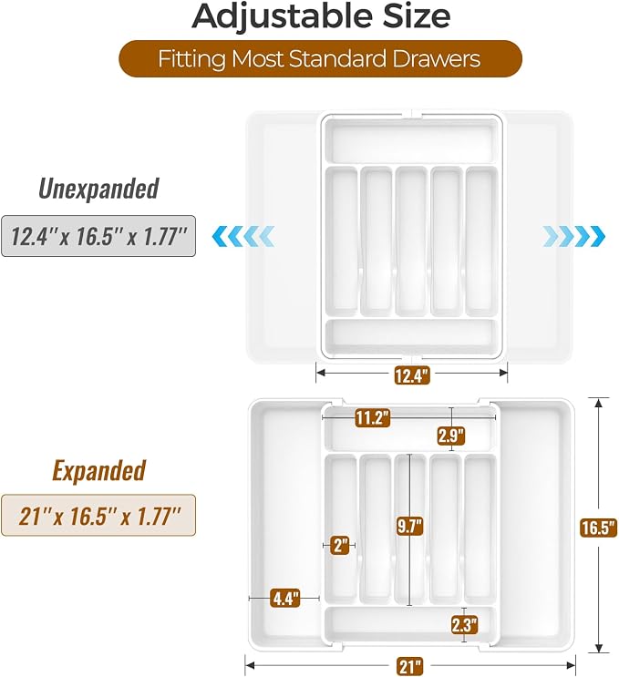 ukeetap Extra Large Expandable Silverware Organizer, Flatware Tray,White | BPA-Free Food-Safe Kitchen Utensil Cutlery Drawer Organizer, Adjustable Silverware Holder for Spoons Forks Knives