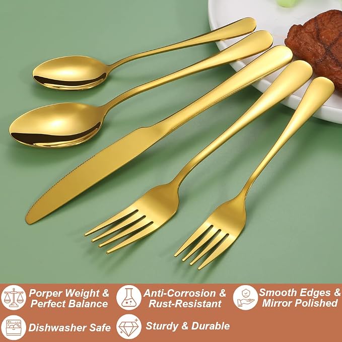 30 Pcs Gold Silverware Set for 6, Food Grade Stainless Steel Flatware Set, Eating Utensils Sets Include Fork/Knife/Spoon, Reusable Cutlery Set for Home Kitchen, Dishwasher Safe, Round Edge