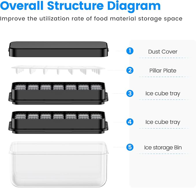 Ice Cube Tray with Lid and Bin, Easy Release 56 Cubes for Freezer | Food-grade BPA-free PP and ABS. Ice cubes for fruit, cocktails, iced coffee. Space-saving stackable with scoop