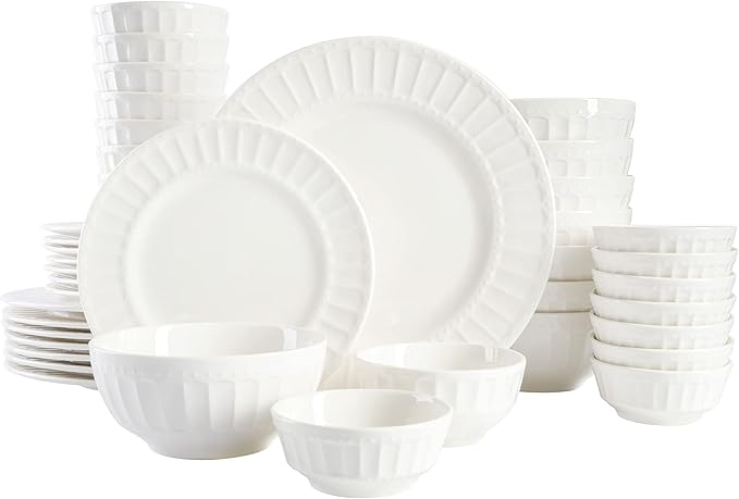 Gibson Home Zen Buffet Porcelain Ceramic Dinnerware Sets for 8, Plates and Bowls Set (40pcs), White Embossed Dishes