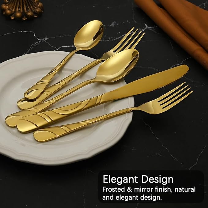 40-Piece Gold Silverware Set for 8, 18/0 Frosted & Mirror Finish Stainless Steel Vintage Flatware Set, Modern Cutlery Set for Home Wedding Restaurant Housewarming Party Event Serving For 8