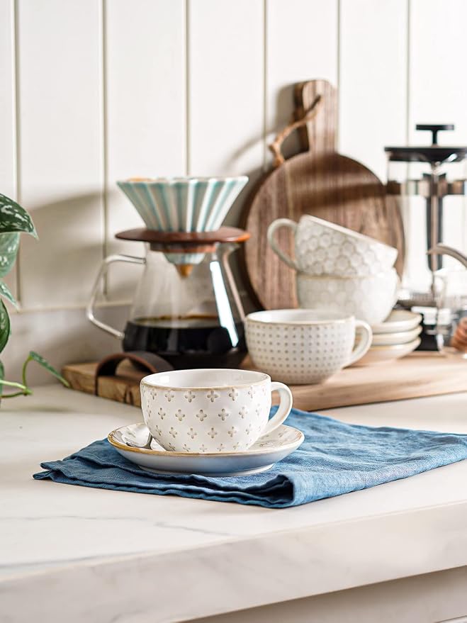 LE TAUCI 6 oz Cappuccino Cups with Saucers, Ceramic Espresso Coffee Cup Set of 4, for Latte, Cafe Au Lait, Flat White, Tea, Dishwasher & Microwave Safe, Housewarming Gift, Embossed, White