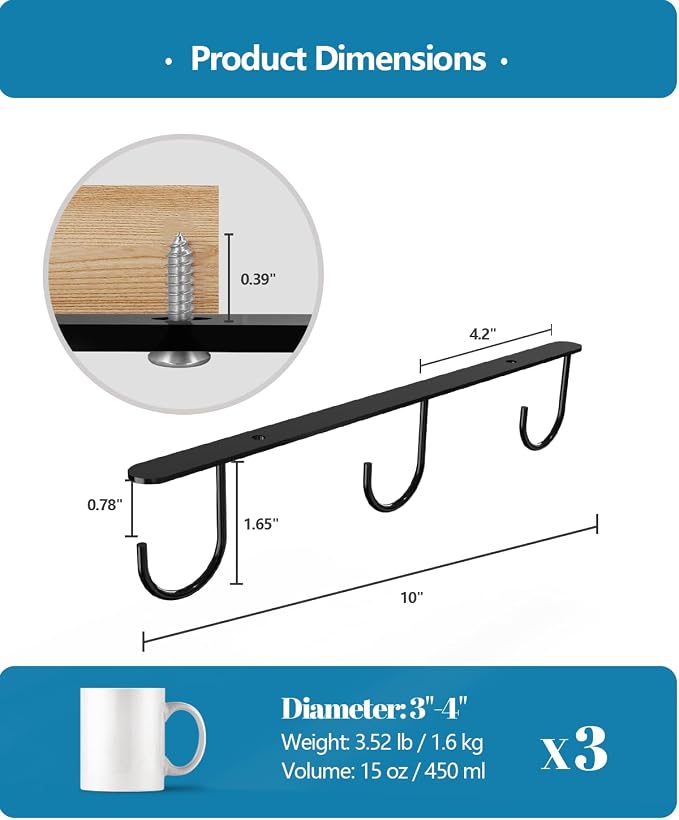 3 Pack Mug Hooks Under Cabinet with 9 Hooks for Displaying Mugs, Black | Coffee Mug Holder for Hanging Under Shelf, Cup Hanger, Coffee Cups and Kitchen Utensils