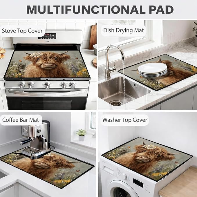 Highland Cow Glass Stove Top Cover 28x20 Inch Decorative Stove Cover | Heat Resistant Cooktop Protector Mat with Non-Slip Backing, Scratch Protection and Countertop Drying Mat.