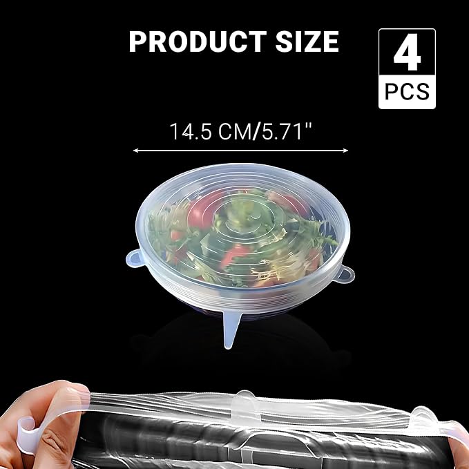 4 Pack 5.7in Reusable Silicone Stretch Lids, Silicone Bowl Covers for Food Storage, Universal Stretchable Lids for Containers Produce, Elastic Expandable Seal Cover, Microwave Freezer Safe