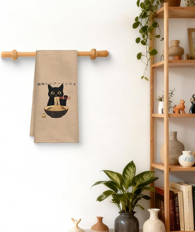 Funny Black Cat Kitchen Towel, Sushi Cat Lover Gifts Dish Towel, Japanese Ramen Noodles Sushi Black Kitty Decorative Hand Towel 16x24 Inch(A)