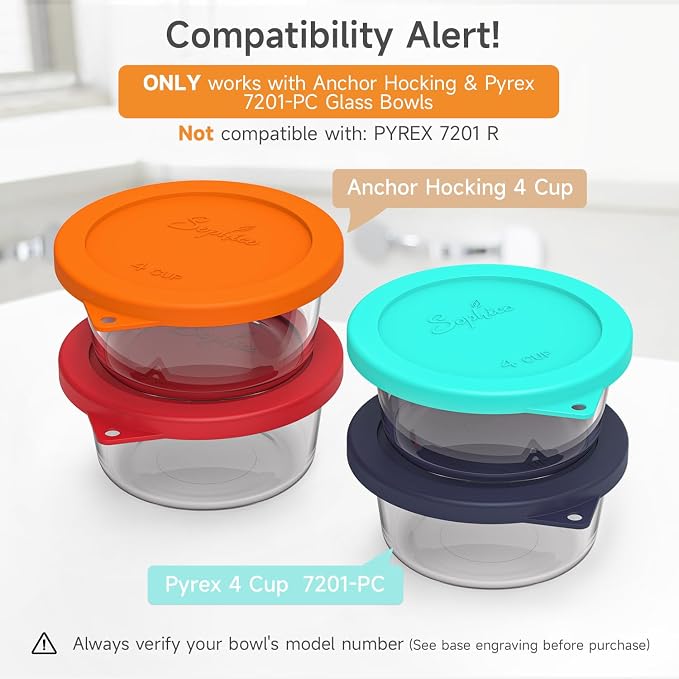 SOPHICO 4 Cup Silicone Lids Replacement for Pyrex & Anchor Hocking 7201-PC | Food Grade Silicone, Leakproof、Airtight Lids, Dishwasher Microwave Safe