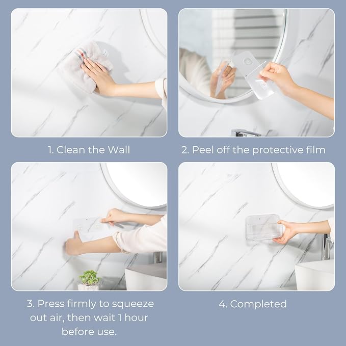 Adhesive Wall Organizer Bin, 2 Compartments, No-Drill, Clear | BPA-Free PET, Detachable, Divided Storage for Easy Sorting and Wet and Dry Separation, Drain Holes in Both Sections