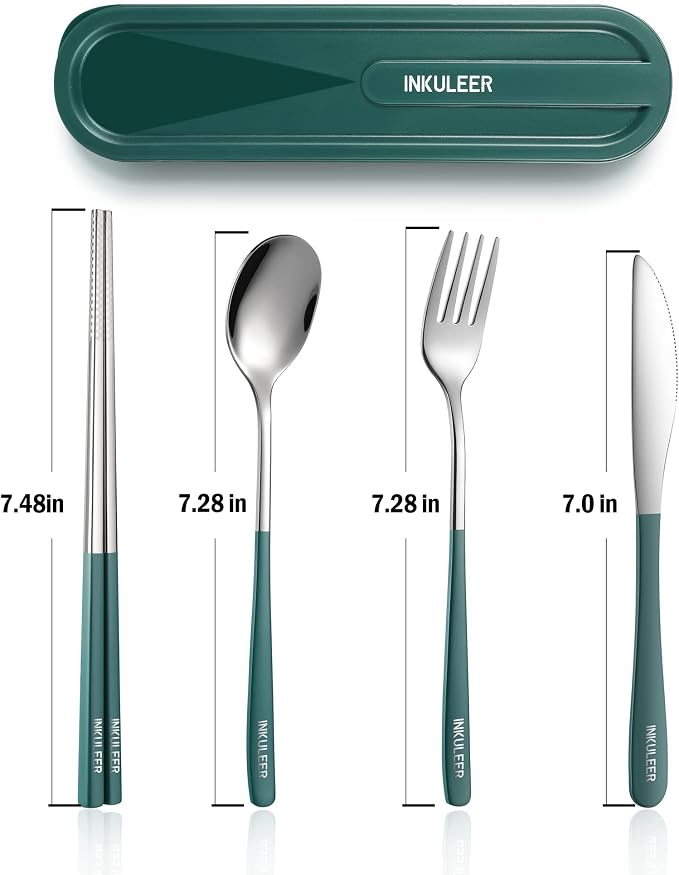iNKULEER Travel cutlery set, 18/8 stainless steel cutlery, Reusable utensils set with case, Portable Silverware Lunch Box for Camping and Office